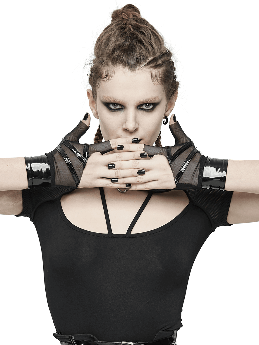 Chic model showcasing women's black mesh fingerless gloves with wrist snap fastenings in punk style.