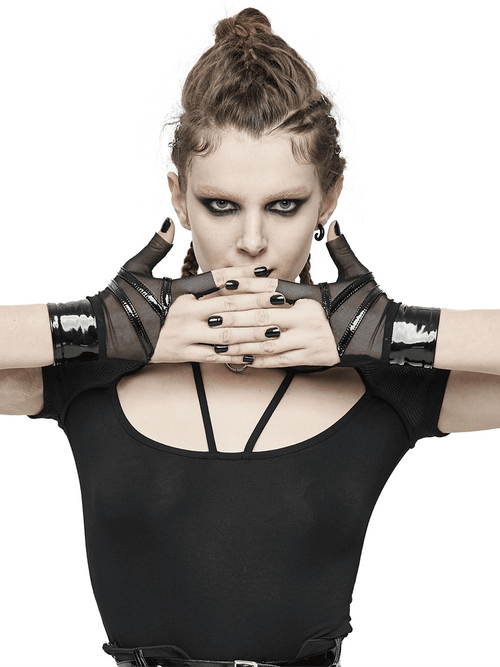 Black Mesh Fingerless Gloves with Inner Wrist Snap Fastenings