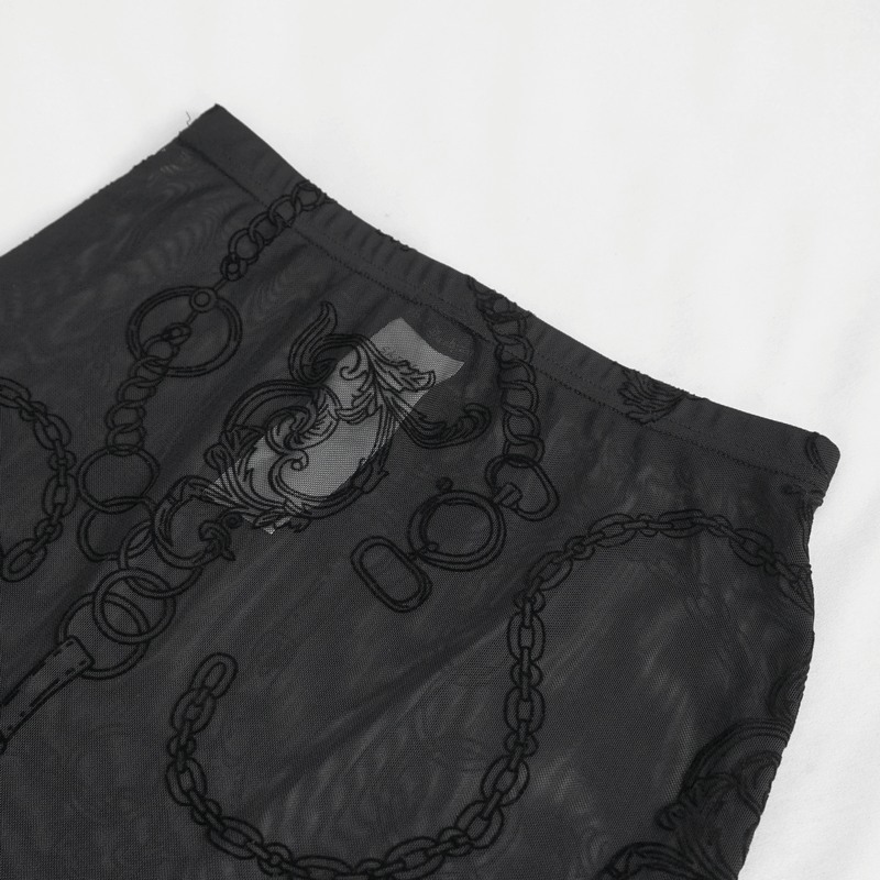 Close-up of women's black mesh fishtail skirt with intricate chain design, showcasing edgy punk style.
