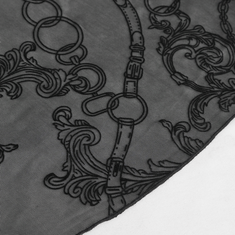 Close-up of intricate black mesh fabric, featuring punk-inspired chains and elegant designs for a unique fashion statement.