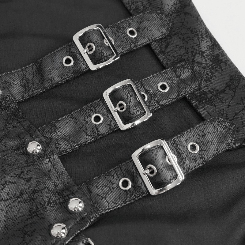 Close-up of punk multi buckles on women's mesh fishtail skirt, showcasing edgy design and stylish details.
