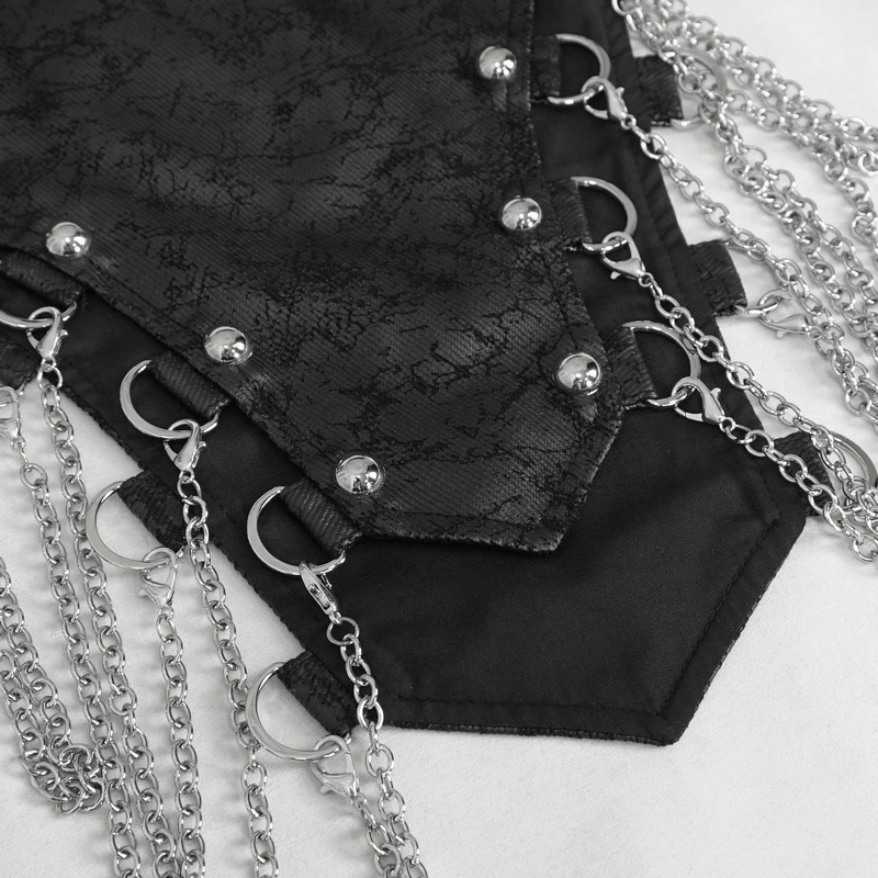 Close-up of women's mesh fishtail skirt showing dynamic chains and multi-buckles for edgy punk style.