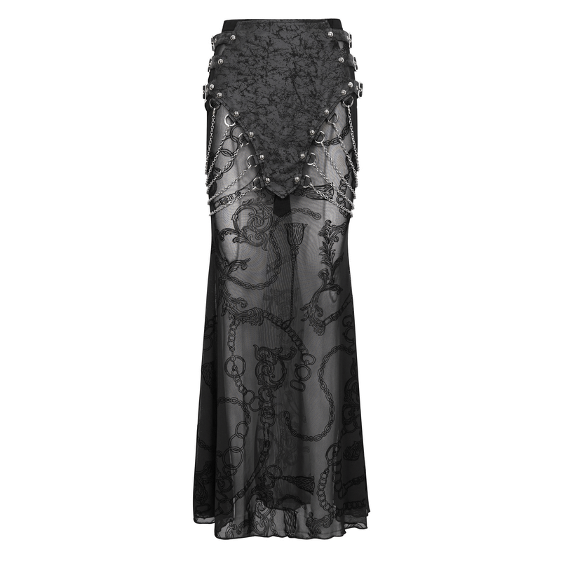 Women's black mesh fishtail skirt with chains and multi-buckles, perfect for punk and alternative style.