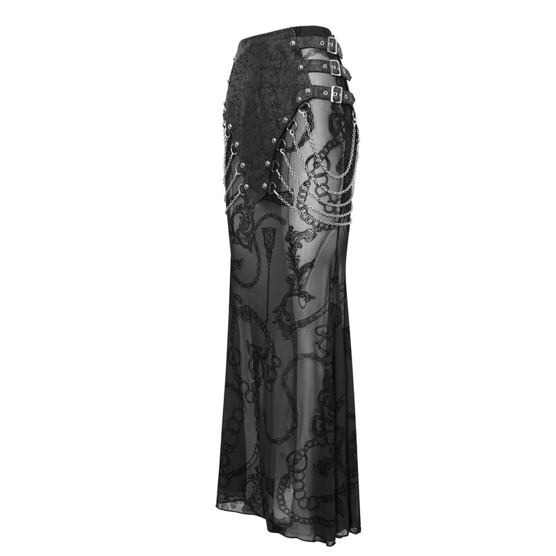 Stylish women's mesh fishtail skirt with chains and multi buckles, perfect for punk and alternative fashion.