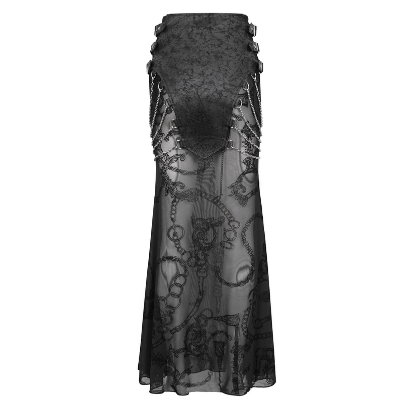 Women's mesh fishtail skirt with chains and multi-buckles, showcasing punk style and edgy elegance.