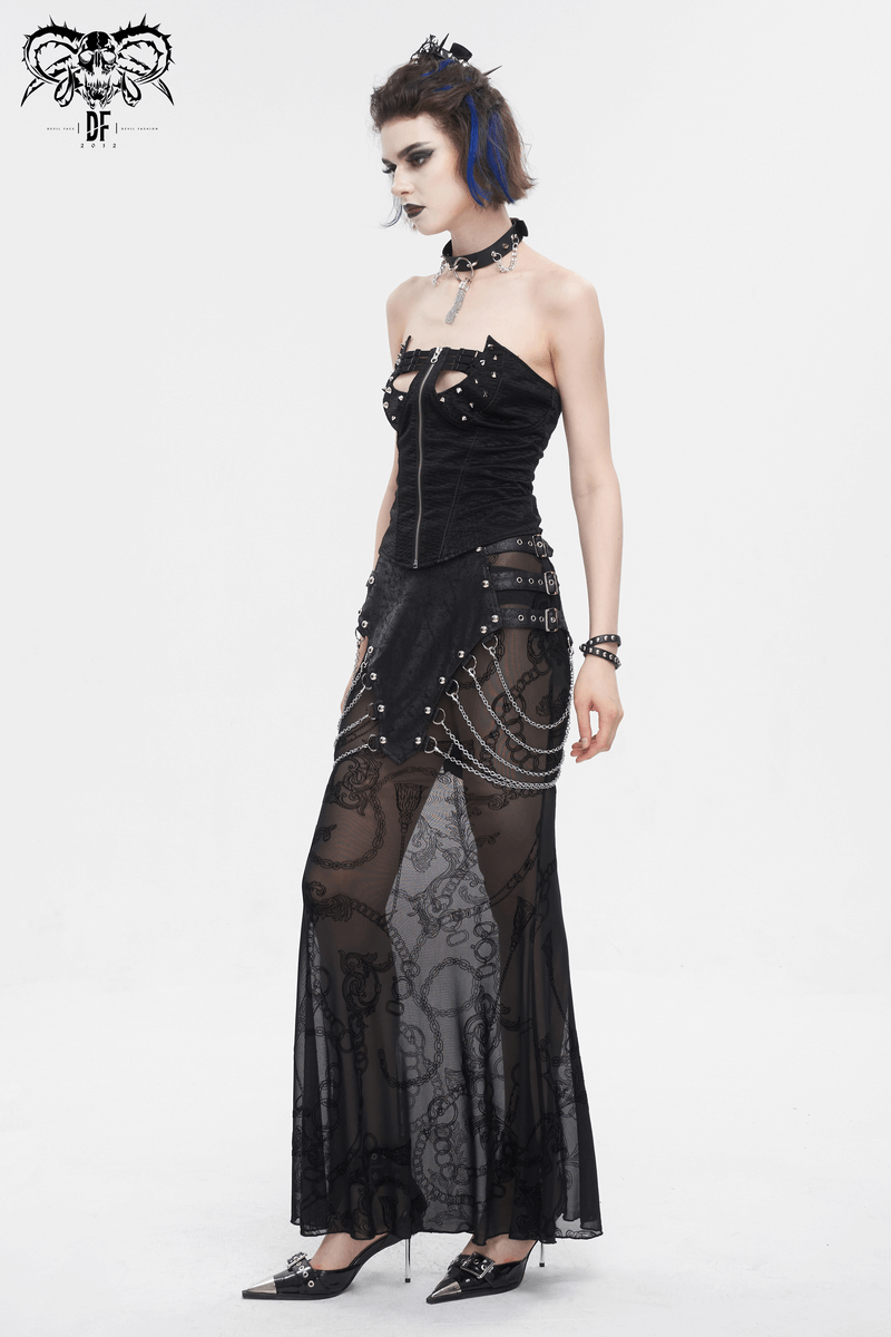 Edgy women's mesh fishtail skirt with chains and buckles, showcasing punk elegance and daring style.