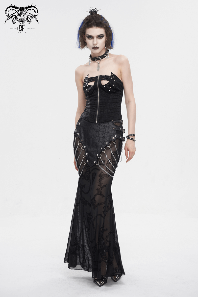 Edgy women's fishtail skirt with chains and multi-buckles, styled with a black corset top for an alternative punk fashion look.