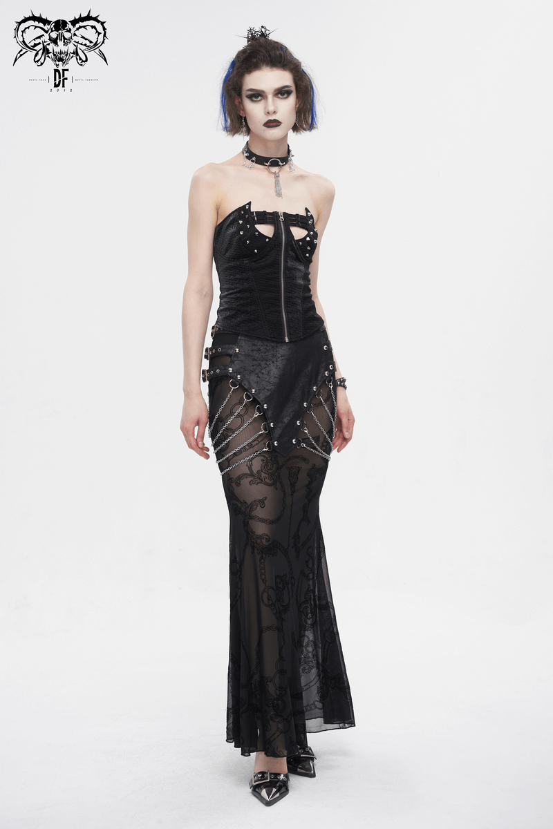 Edgy women's black mesh fishtail skirt with chains and buckles, perfect for alternative punk style.