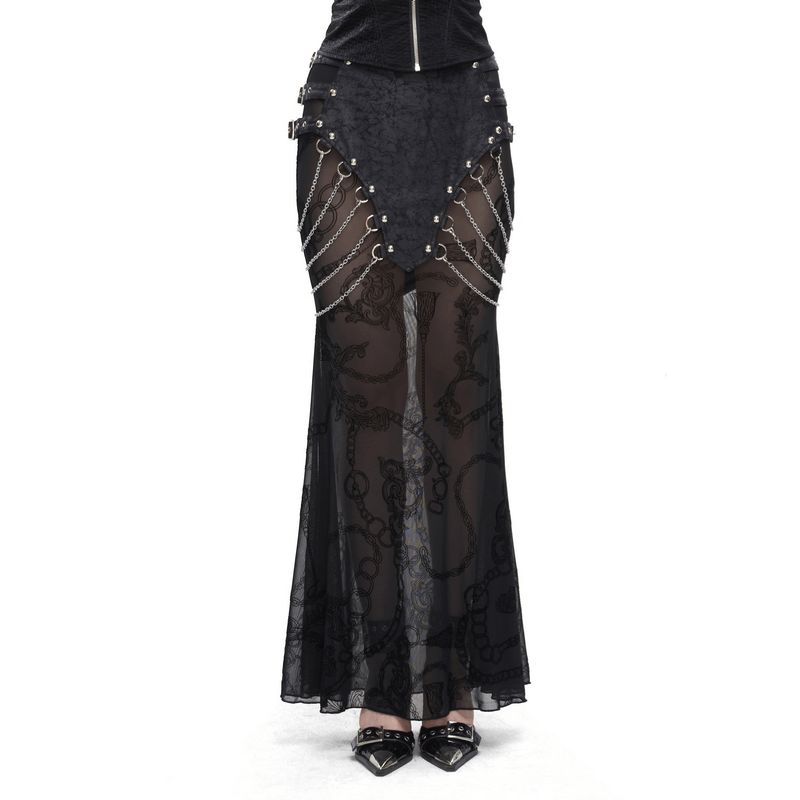 Edgy women's mesh fishtail skirt with chains and multi-buckles, perfect for punk and alternative style.
