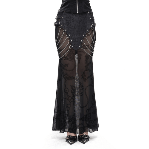 Women's Mesh Fishtail Skirt With Chains / Punk Multi Buckles Long Skirts