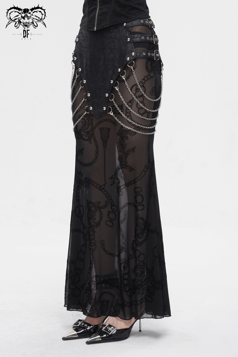 Women's mesh fishtail skirt with chains and buckles, showcasing edgy punk fashion and elegant silhouette.