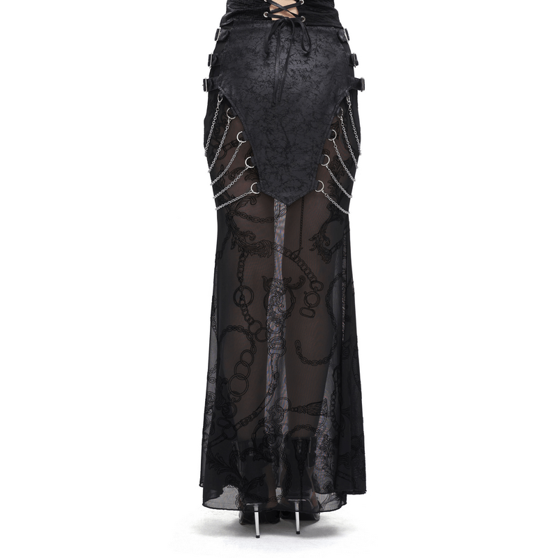 Women's mesh fishtail skirt with chains, featuring punk style, multi-buckles, and elegant silhouette.