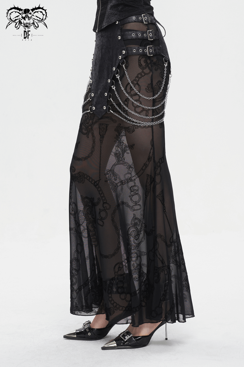 Women's mesh fishtail skirt with chains and buckles, showcasing punk elegance and edgy style.