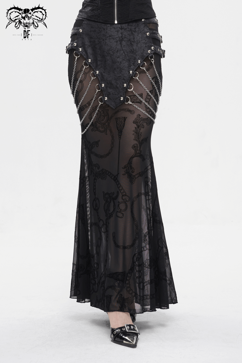 Women's mesh fishtail skirt with chains and buckles, edgy punk style, flattering silhouette.