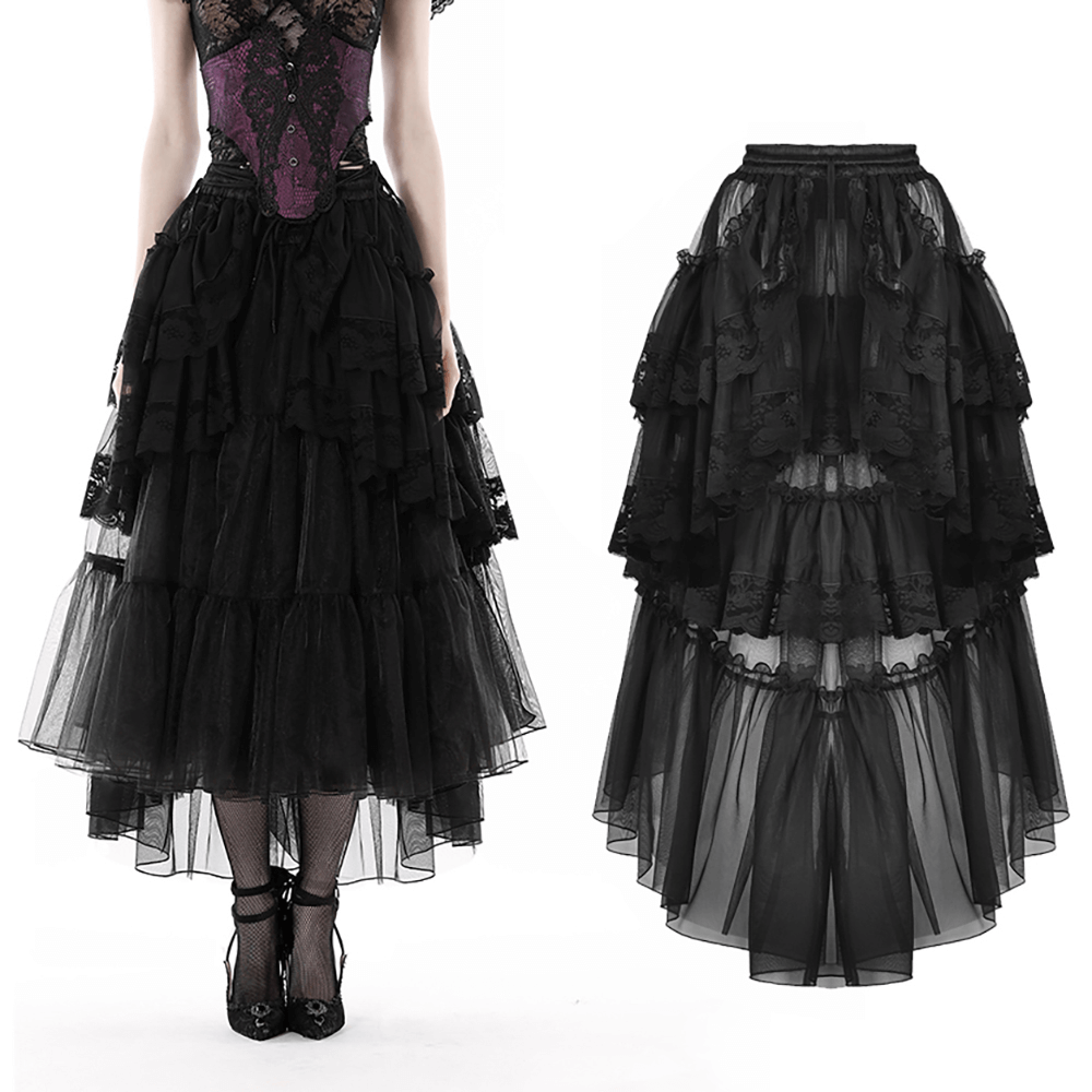 Black mesh gothic skirt with lace, dramatic ruffles, and high-low silhouette for edgy style.