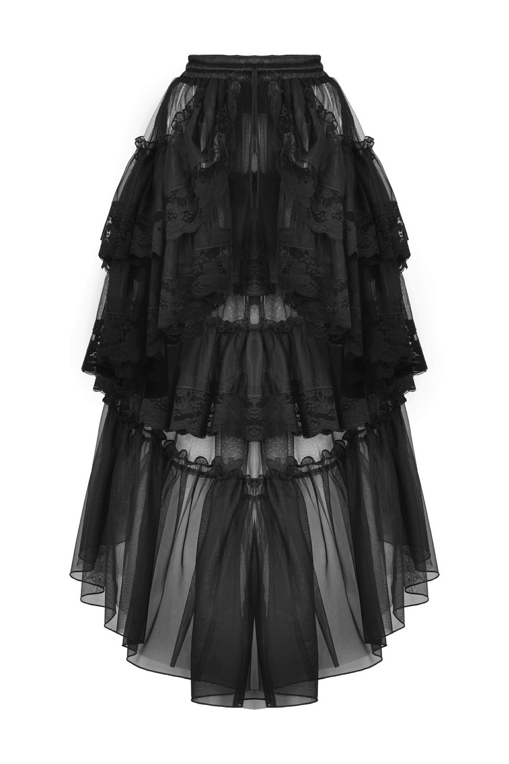 Black mesh gothic skirt with lace and dramatic ruffles, showcasing a captivating hi-low design.