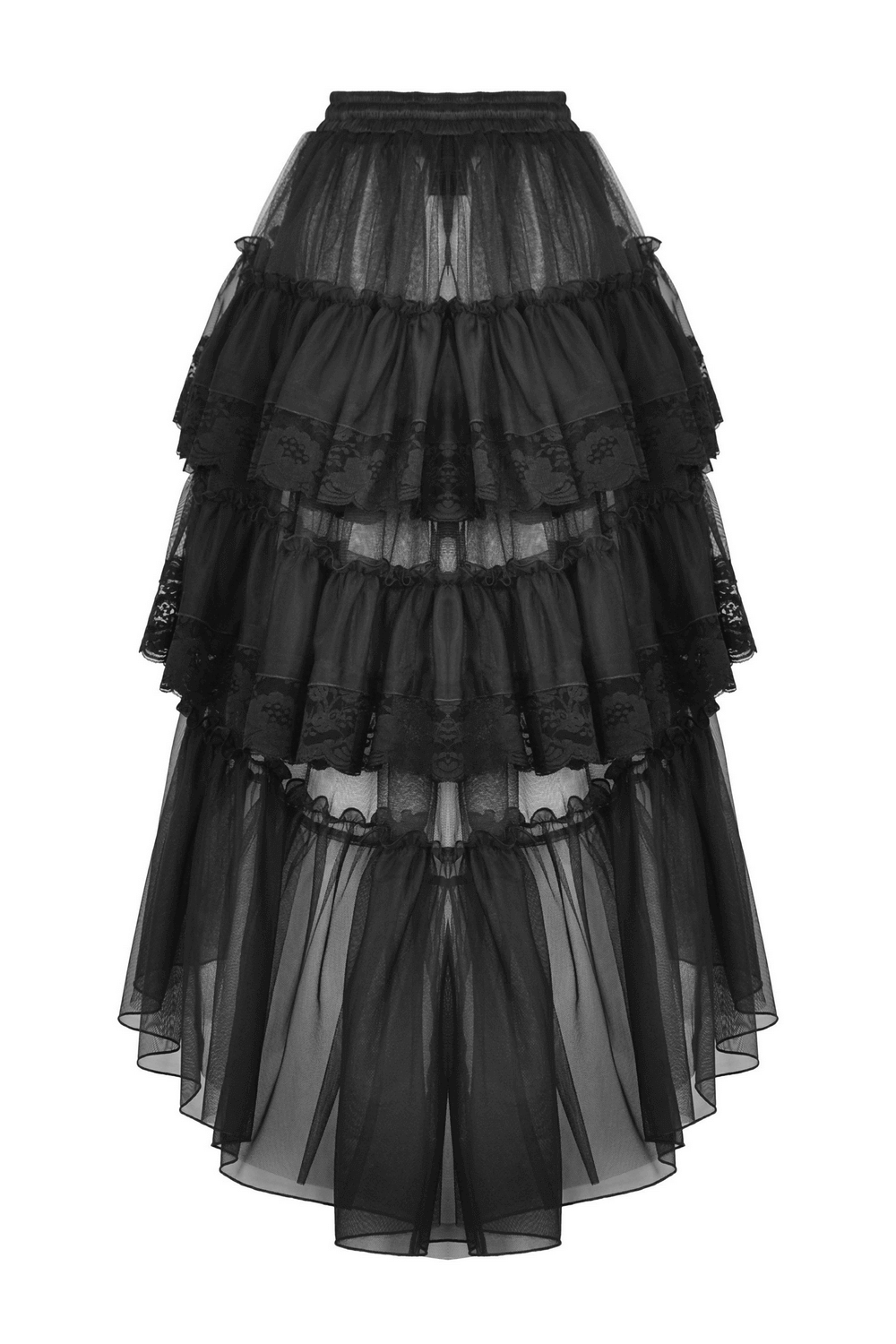 Women's black mesh gothic skirt with lace, dramatic ruffles, and high-low design for a striking silhouette.