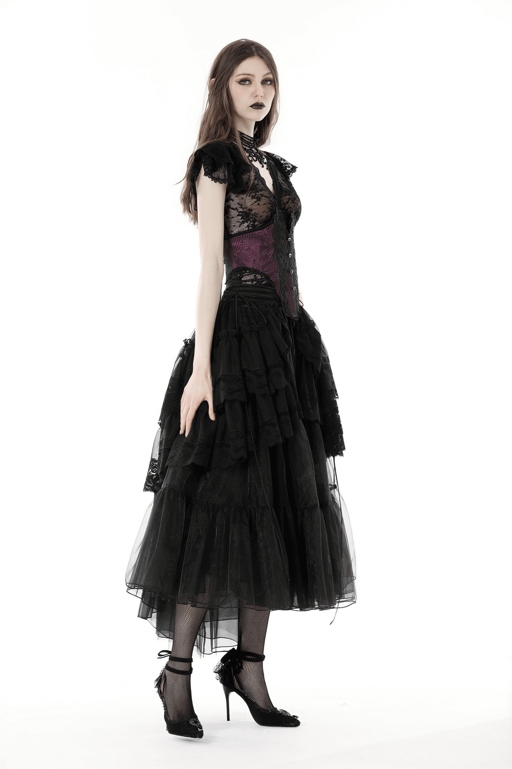 Women's Gothic black mesh skirt with lace and dramatic ruffles in a captivating hi-low style.