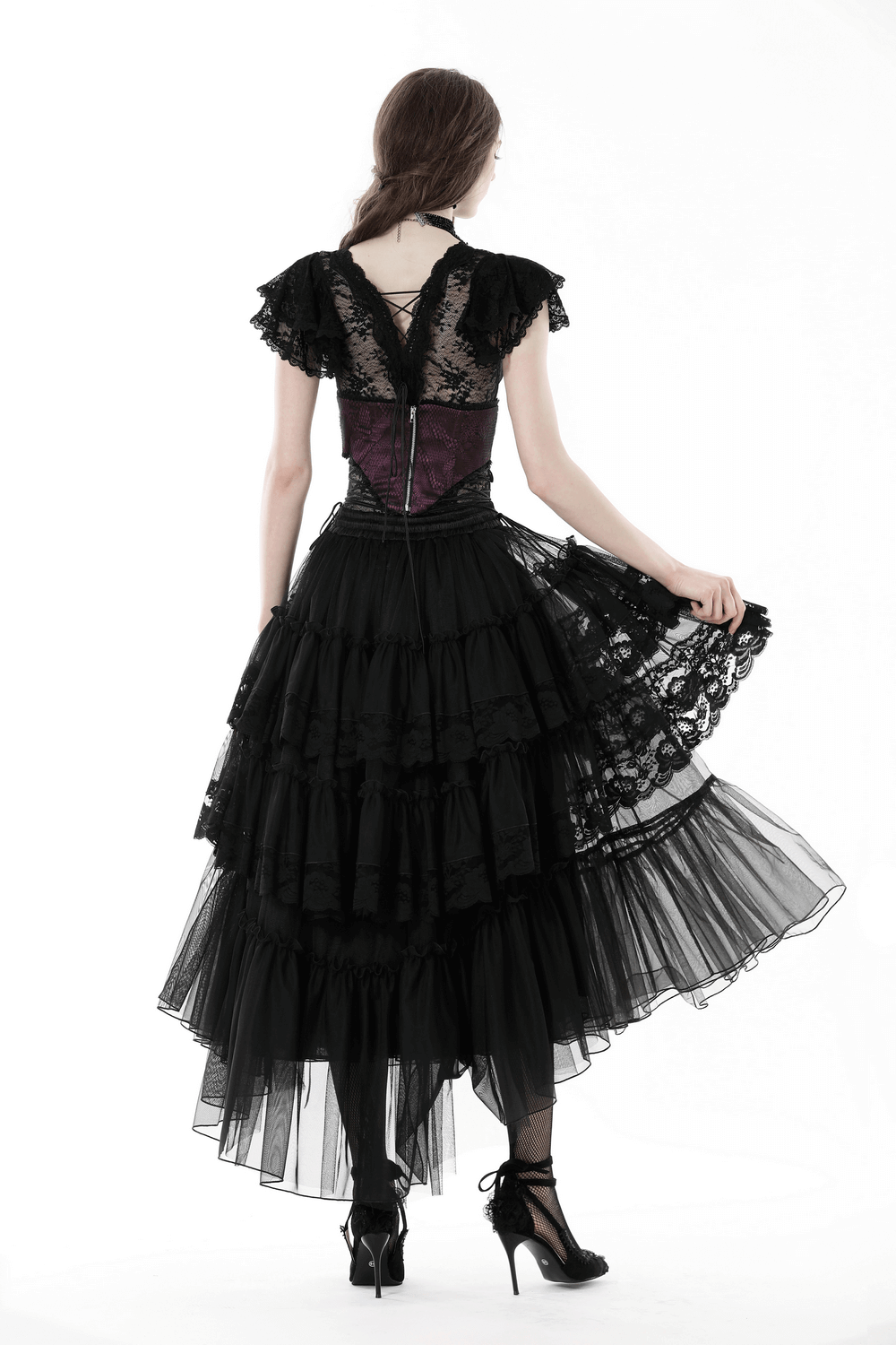 Women's Mesh Gothic Skirt with Lace and Dramatic Ruffles