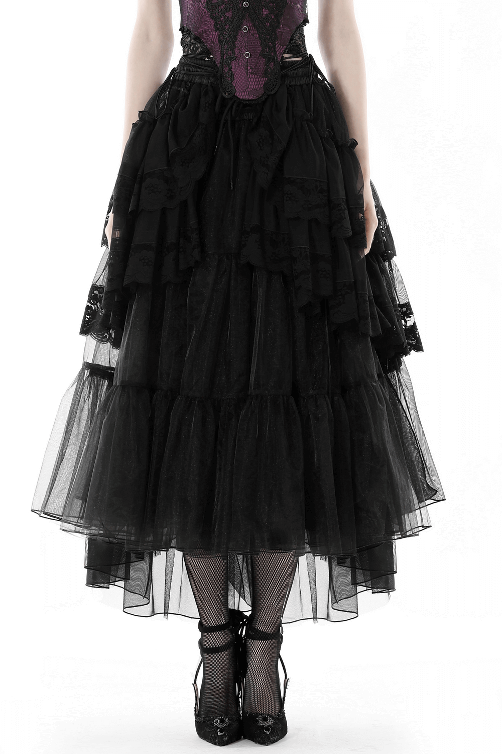 Women's black mesh gothic skirt with lace, dramatic ruffles, and high-low hem for edgy style.