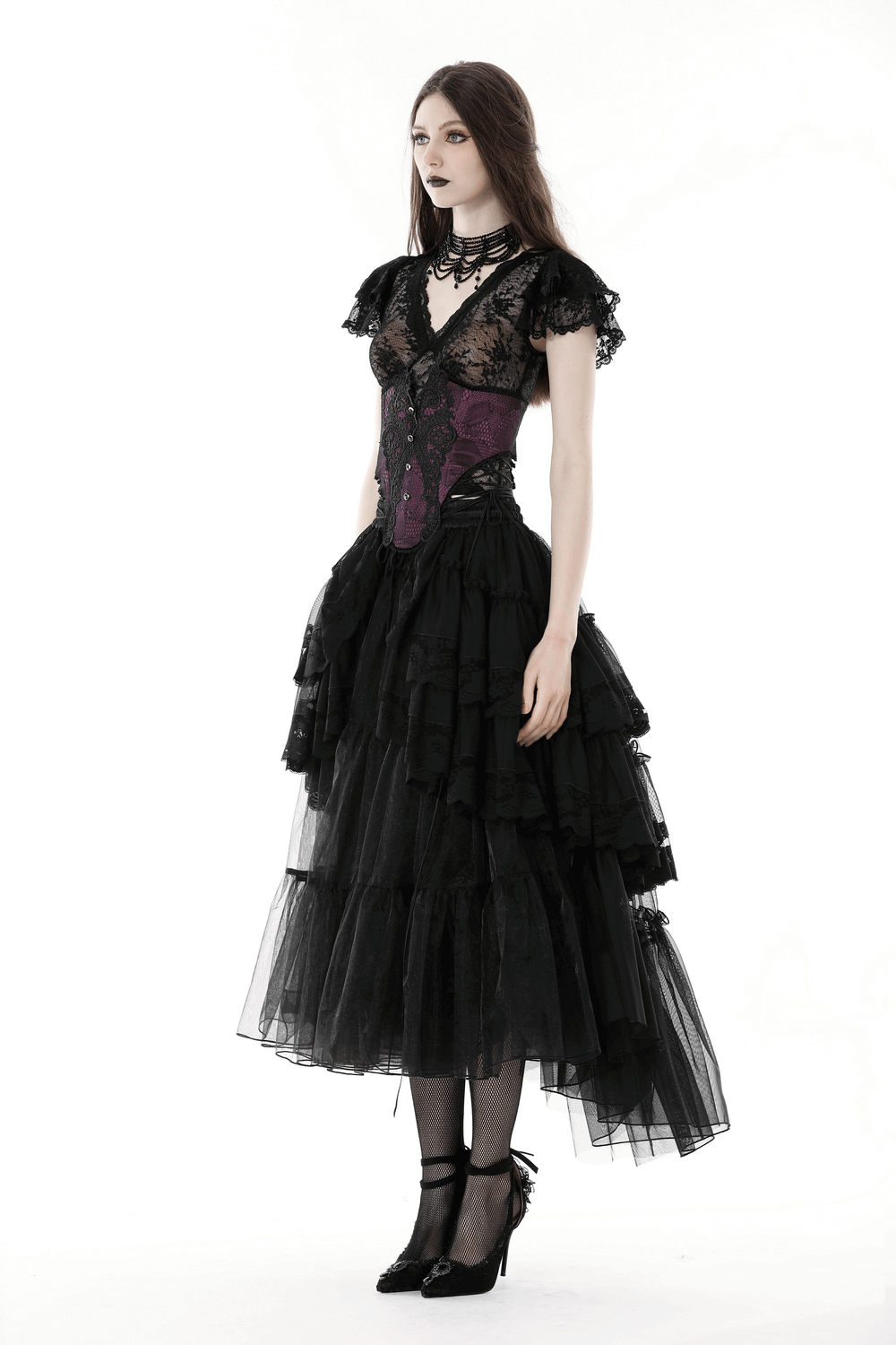 Women's black mesh gothic high-low skirt with dramatic ruffles and lace trim, perfect for edgy outfits.