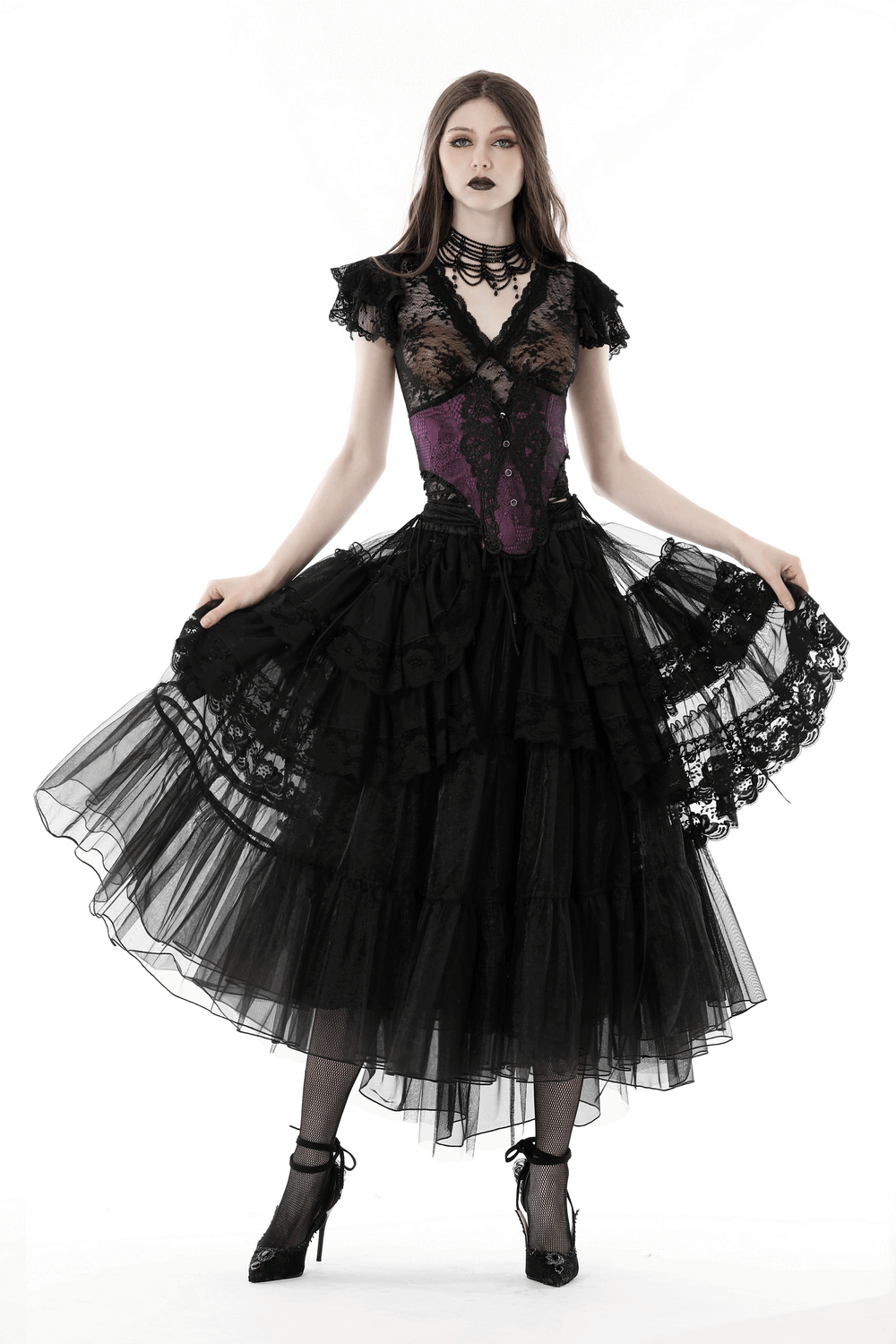 Stunning black mesh gothic skirt with lace and dramatic ruffles, perfect for edgy outfits or special events.