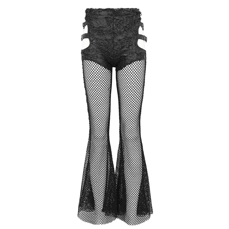 Women's gothic mesh long flared pants with buckle belts and daring mesh panels for a sexy, chic look.