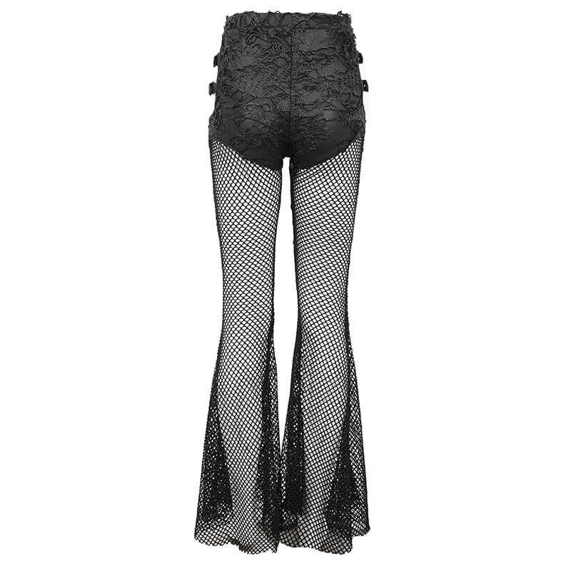 Back view of women's Gothic mesh long flared pants with buckle belts, showcasing sexy sheer design.