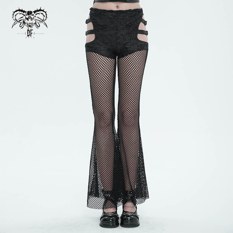 Women's Mesh Long Flared Pants in Gothic Style / Sexy Trousers with Buckles Belts on Sides - HARD'N'HEAVY