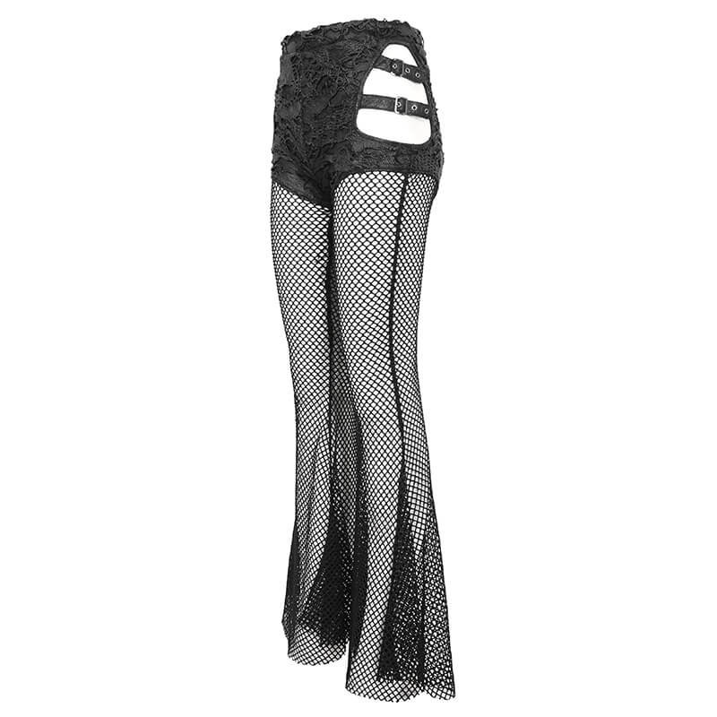 Women's gothic mesh long flared pants with buckle belts, perfect for edgy and sexy styling.