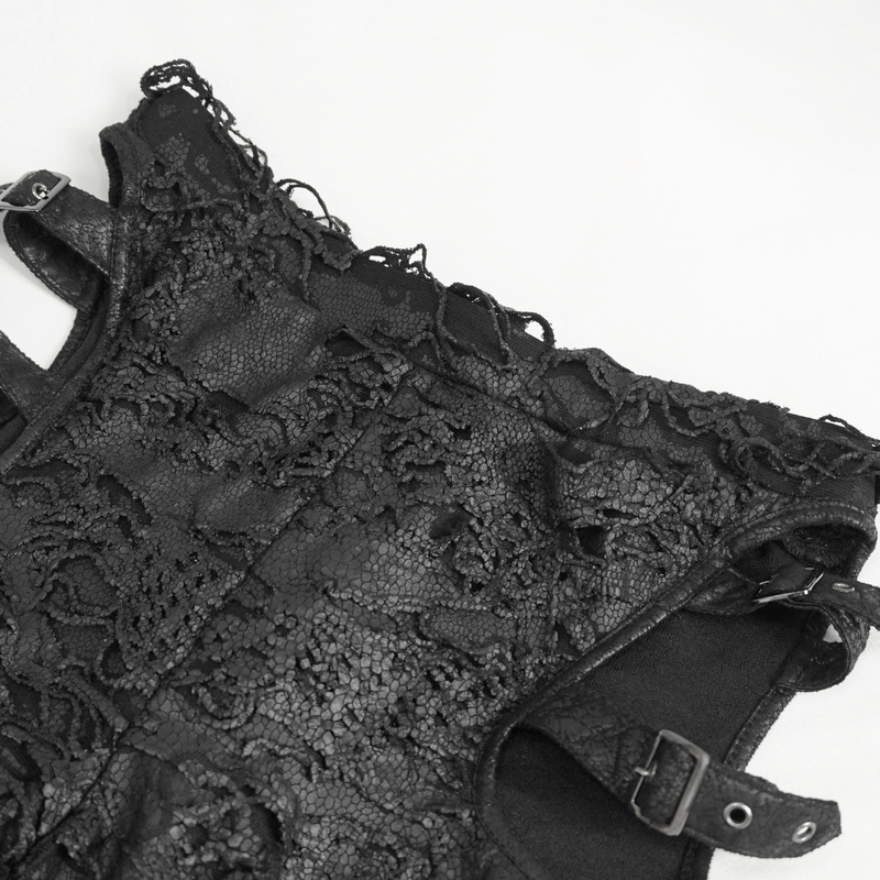 Close-up of women's gothic mesh top with intricate lace details and side buckle fastenings.