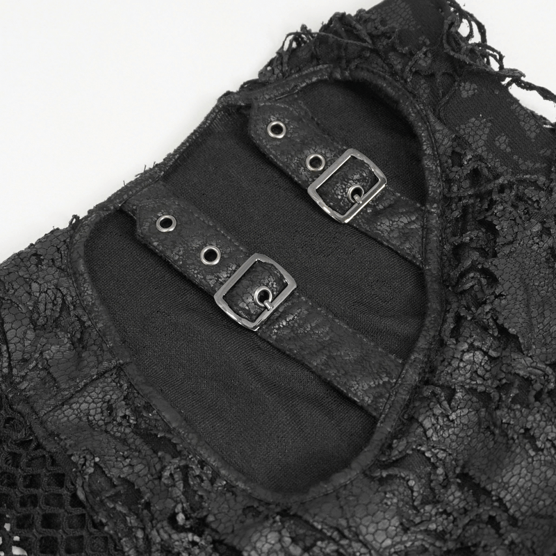 Close-up of gothic mesh pants featuring edgy buckle belts for a chic, dark allure.