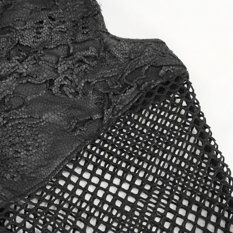 Close-up of women's gothic mesh fabric showing intricate designs and mesh panels for long flared pants.