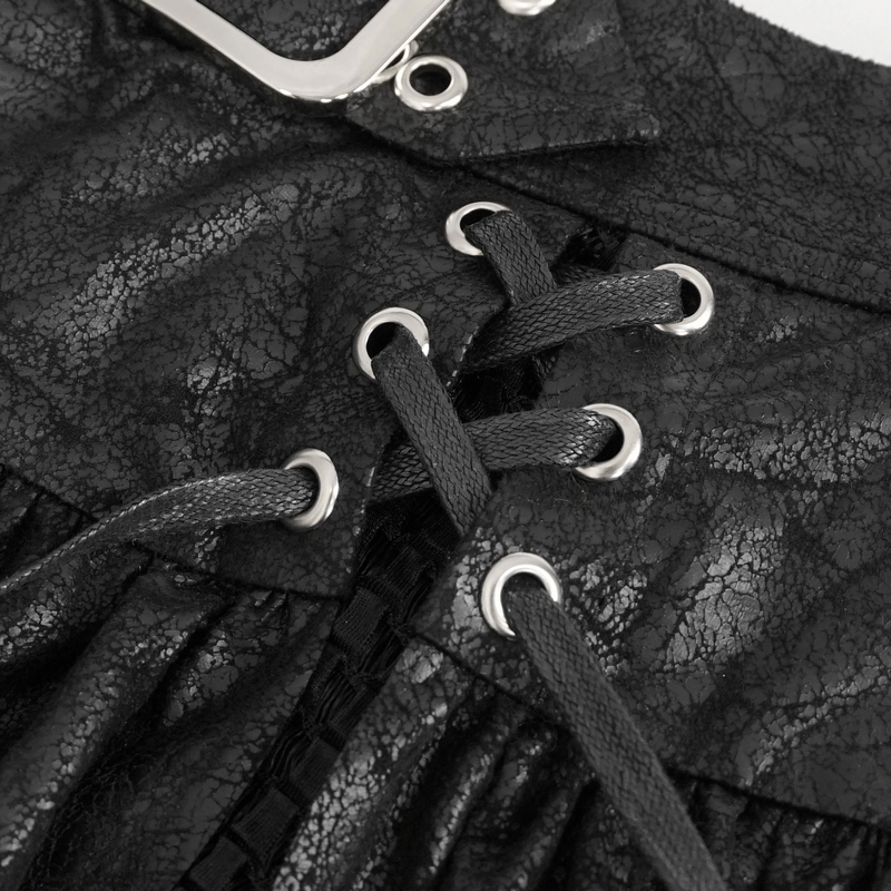 Close-up of the intricate buckle and lace-up detail on a women's black mesh splice irregular skirt.