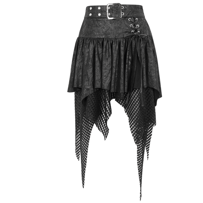 Women's black irregular mesh splice skirt with buckle and asymmetric hem for an edgy, stylish look.
