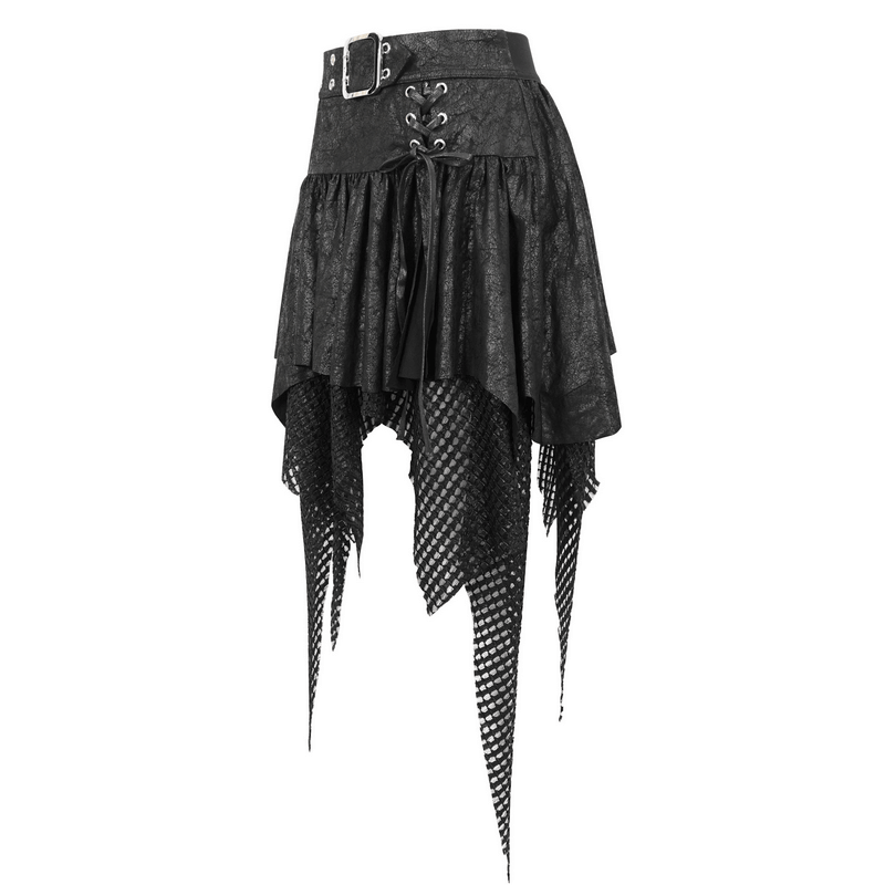Women's black mesh splice irregular skirt with buckle and asymmetrical hem, perfect blend of rebellion and elegance.