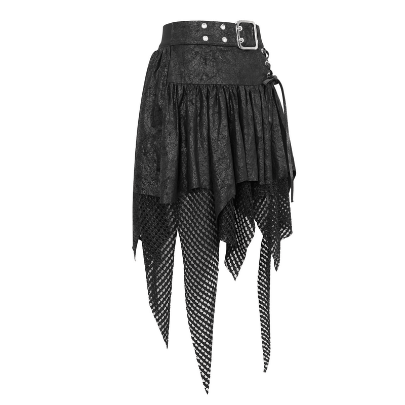 Women's black asymmetrical mesh splice skirt with buckle detail, combining edgy style and elegant flair.