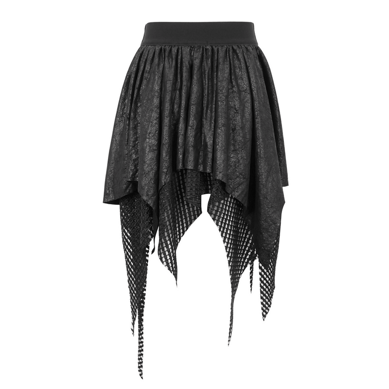 Women's black mesh splice irregular skirt with asymmetric hem and buckle detail, showcasing alternative edgy style.