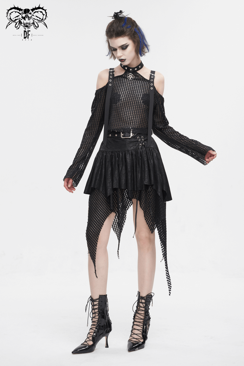 Chic woman in an edgy black mesh splice irregular skirt with buckle and fishnet top, exuding alternative fashion flair.