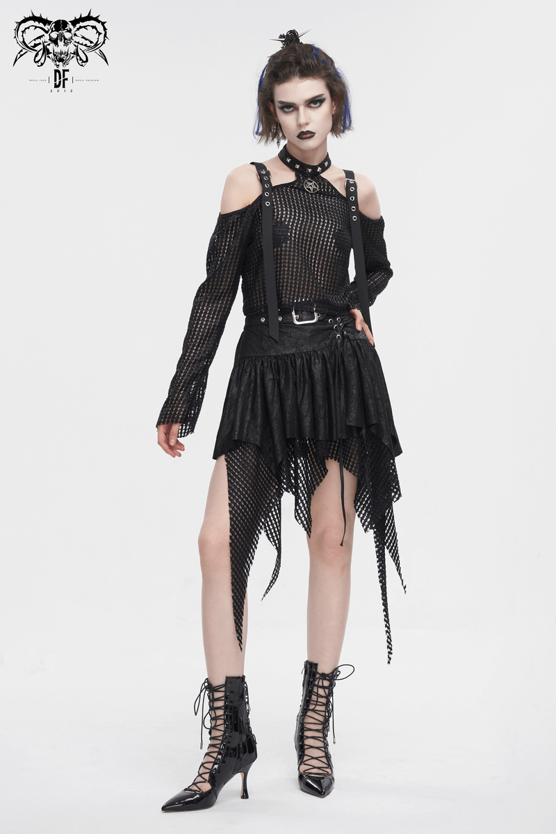 Women's mesh splice irregular skirt with buckle, edgy asymmetrical design & bold black mesh, perfect for alternative fashion.