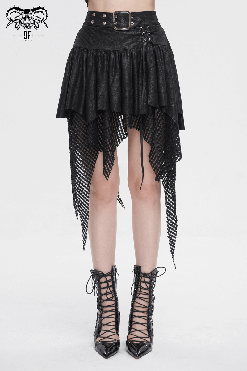 Women's black mesh splice irregular skirt with buckle detail and asymmetric hem, paired with stylish lace-up heels.