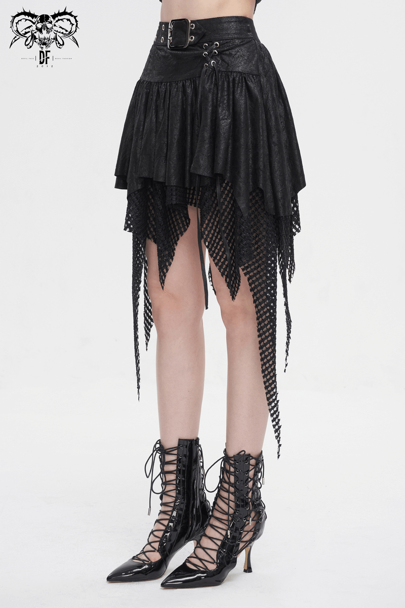 Women's black mesh splice irregular skirt with buckle detail, paired with stylish lace-up boots for a rebellious look.