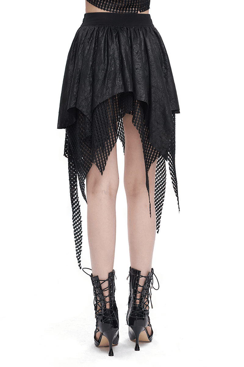 Back view of Women's Mesh Splice Irregular Skirt featuring an asymmetric hem and buckle detail, paired with stylish black heels.