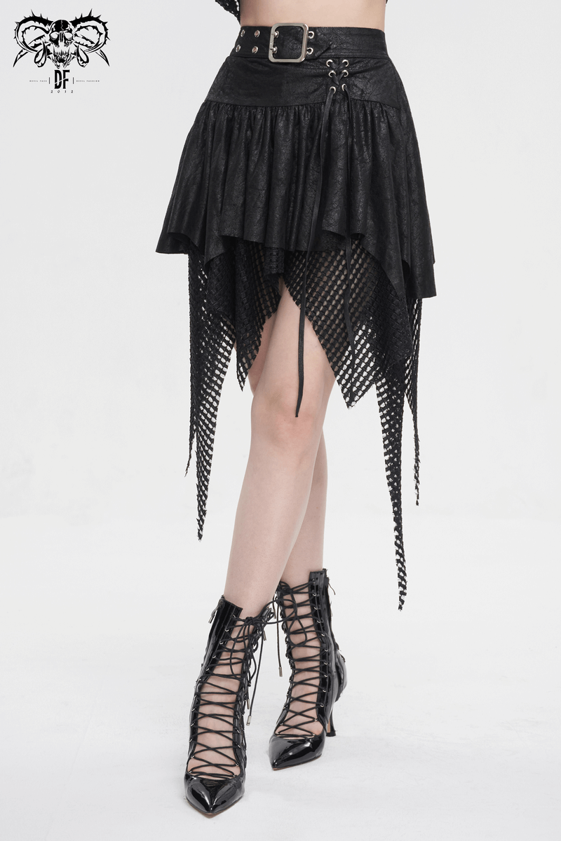 Women's black mesh splice irregular skirt with buckle, featuring an asymmetric hem and edgy style.