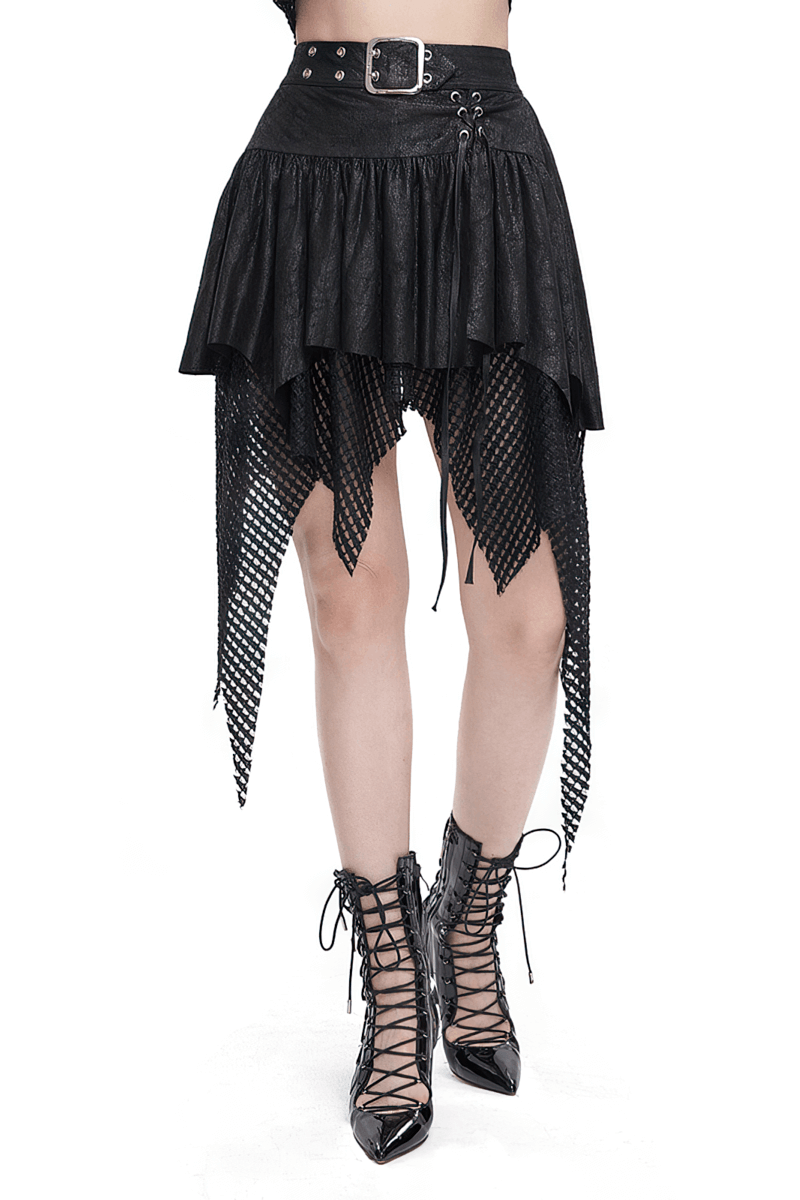Women's black irregular mesh splice skirt with buckle detail and lace-up boots.