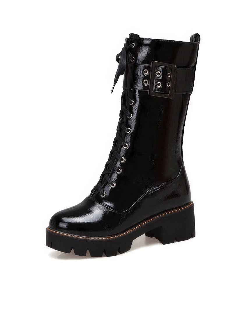 Women's Mid Calf Military Style Boots / Lace-Up Winter PU Leather Combat Boots / Round Toe Shoes