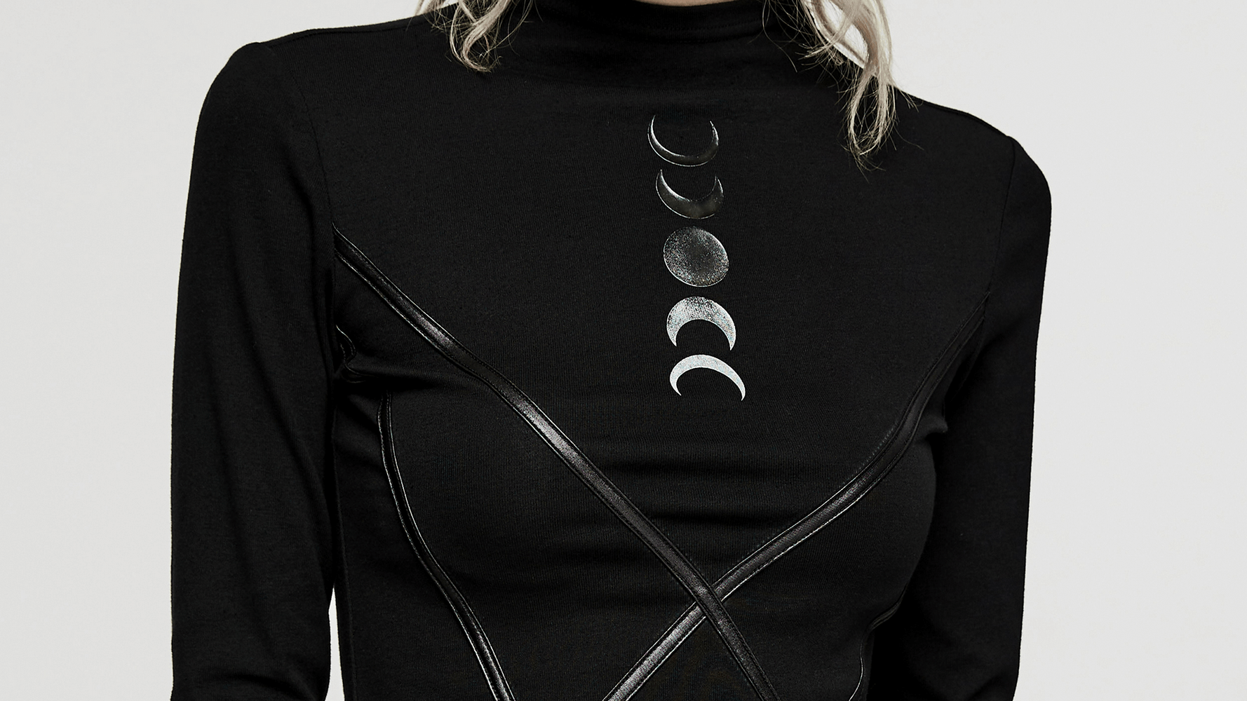 Women's gothic knit top featuring gradient moon print and faux leather accents for a chic daily look.