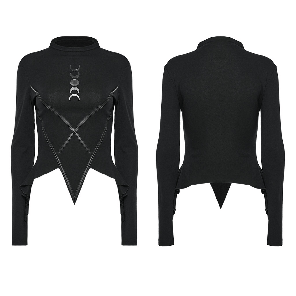 Stylish women's gothic knit top featuring a gradient moon print and faux leather details, perfect for daily wear.