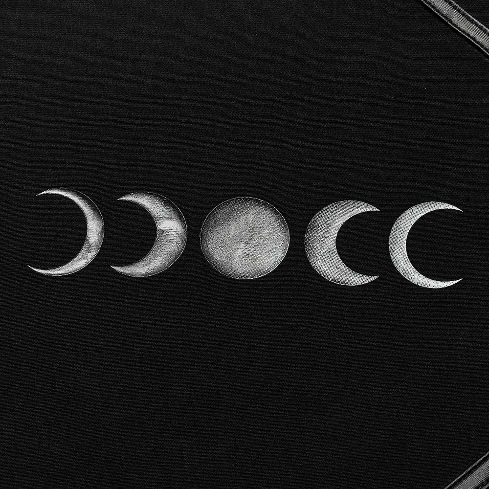Gradient moon print design in silver on a black gothic top, showcasing the phases of the moon.