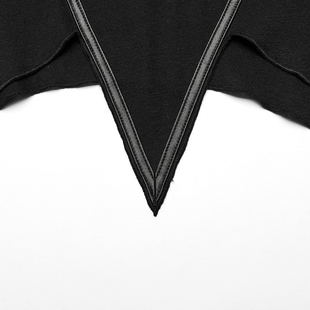 Close-up of Women's Moon Print Gothic Knit Top neckline with faux leather accents and irregular hem detailing.